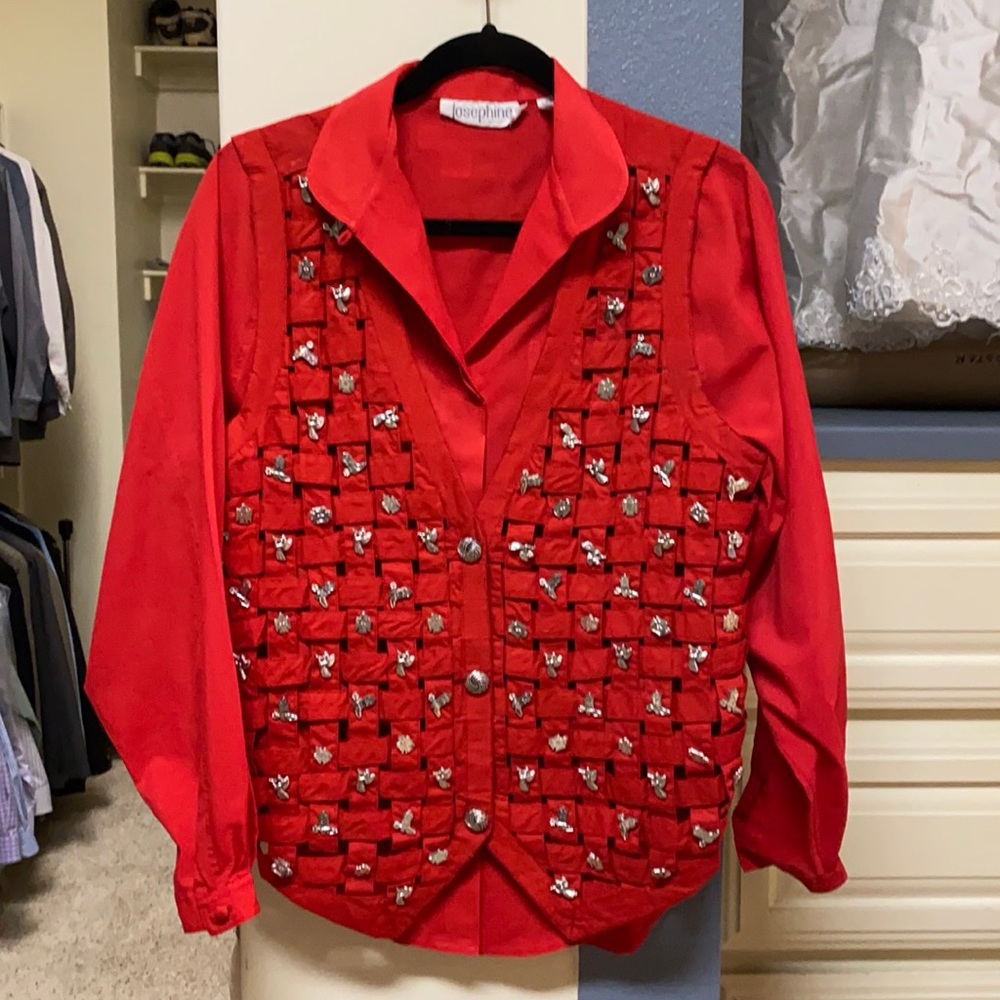 2pc red silky blouse with cotton embellished vest